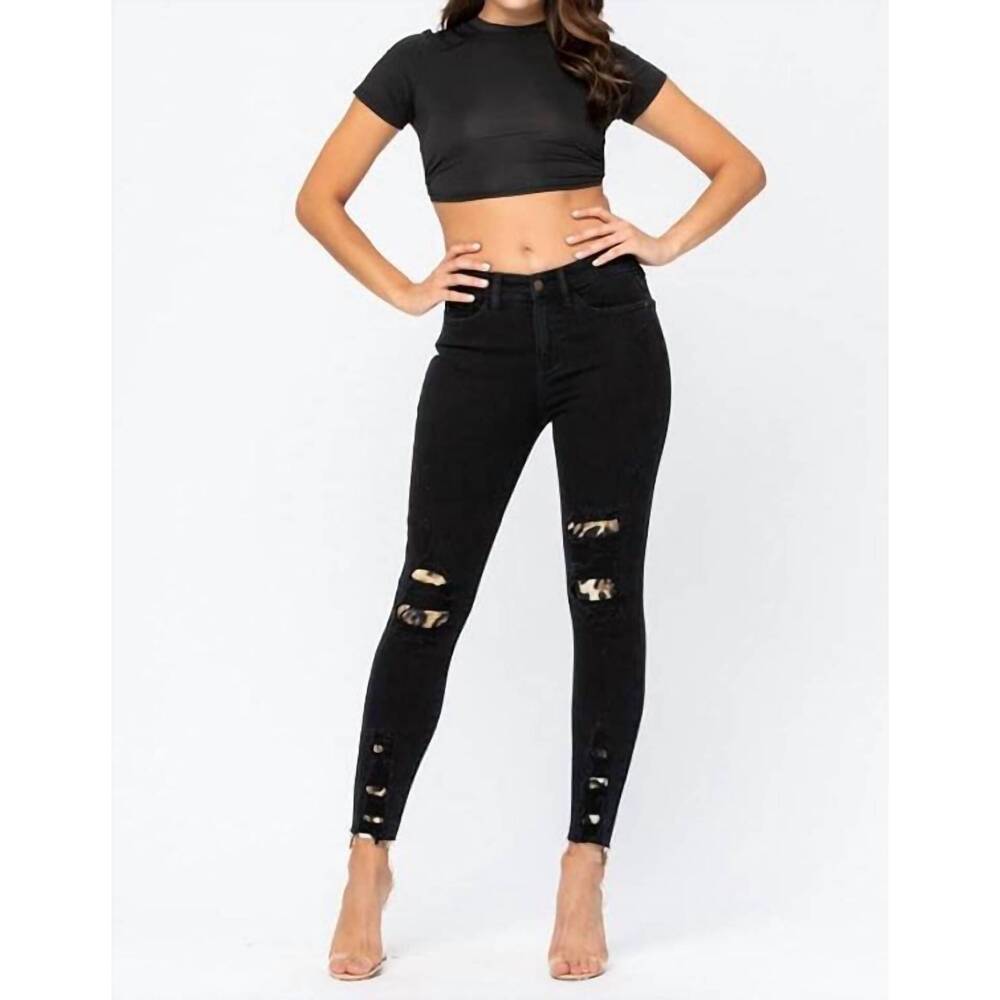 NEW JUDY BLUE leopard skinny jeans in black